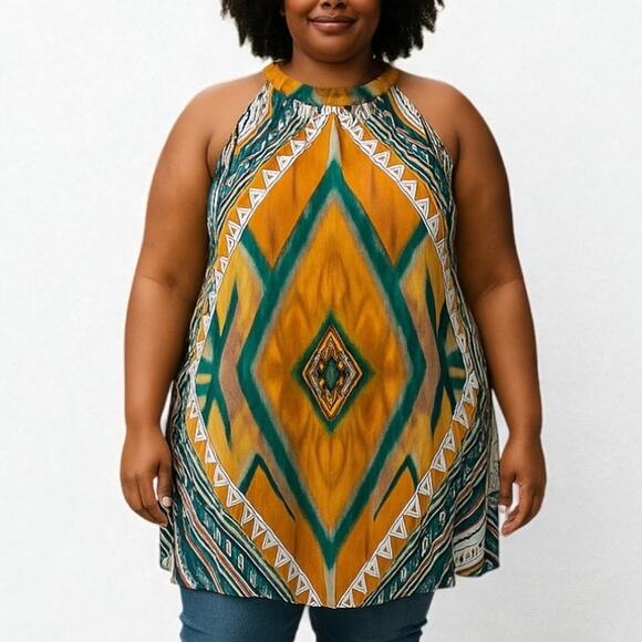 2/$15 Ashley Stewart Scarf Hem Halter Top Boho Southwestern 3X Plus Size 22/24 - Picture 1 of 11